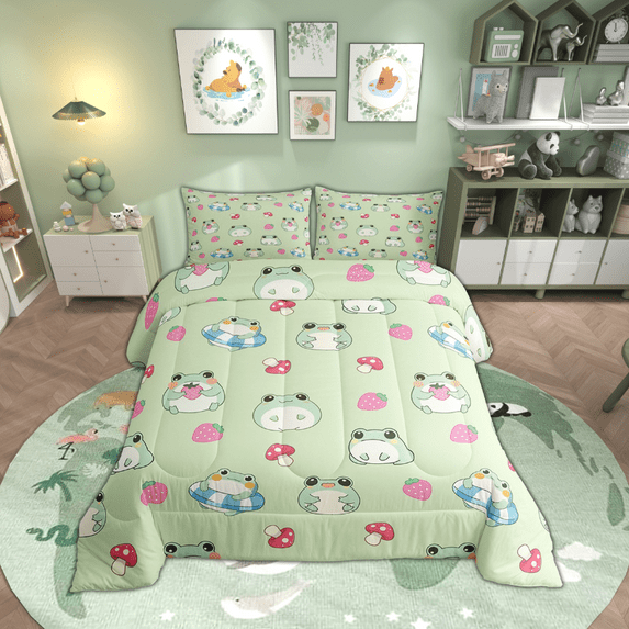 Feelyou Cartoon Frog Prince Bedding Comforter Set for Kids, Kawaii Red Mushroom Twin Comforter Sets, Cute Animal Bedding Set, Lightweight Room Decor, 2-Piece