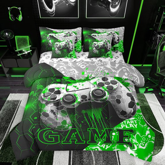 Feelyou Cartoon Game Console Bedding Comforter Set 7 Pieces for Kids, Gamepad Gaming Full Bedding Set, Splash Honeycomb Green Reversible Fitted Sheet Flat Sheet, Super Cozy Room Decor