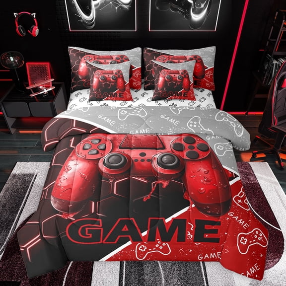 Feelyou Cartoon Game Console Bedding Comforter Set 7pcs for Kids, Gamepad Gaming King Bedding Sets, Chic Check Honeycomb Red Reversible Bed Sheets, Super Cozy Room Decor