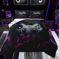 Feelyou Cartoon Game Console Bedding Comforter Set for Kid, Glowing Honeycomb Twin Comforter Sets, Pink Blue Abstract Reversible Bedding Set, Microfiber Bedroom Decor, 2pcs