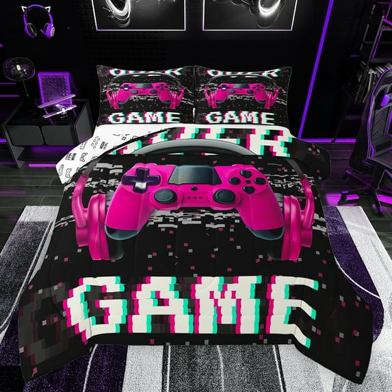 Feelyou Cartoon Game Console Bedding Comforter Set, Pink Headphones Twin Comforter Sets, Chic Square Abstract Reversible Bedding Set, Lightweight Room Decor, 2 Pieces