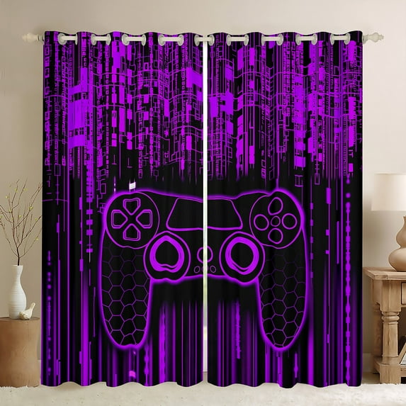Feelyou Cartoon Game Console Black Out Curtains for Boys, Purple Stripes Lines Curtains Pack of 2 (42x63 Each), Modern Game Controller Bedroom Curtains, Living Room Curtains Decor