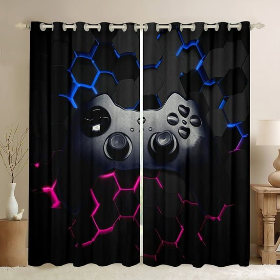 Feelyou Cartoon Game Console Black Out Curtains for Kid, Glowing Honeycomb Curtains Pack of 2 (42x63 Each), Pink Blue Abstract Bedroom Curtains, Window Curtains Decor