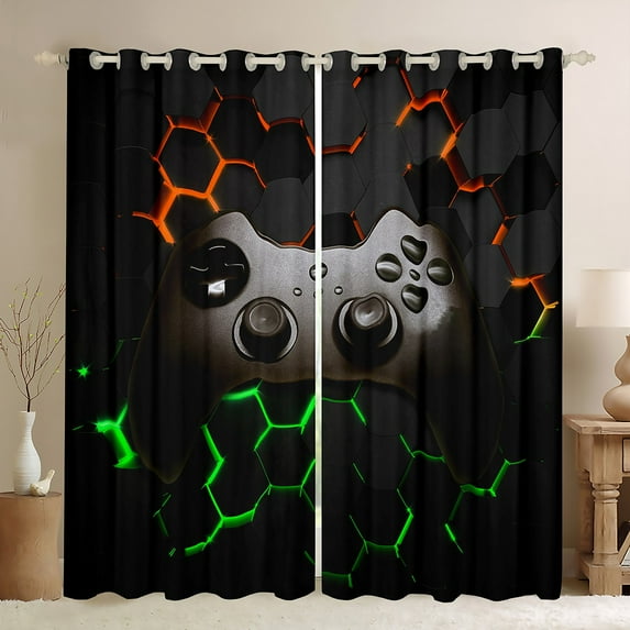Feelyou Cartoon Game Console Curtains Pack of 2 (42x84 Each) for Kid, Glowing Honeycomb Abstract Curtains Blackout, Neon Green Orange Bedroom Curtains, Living Room Curtains Decor