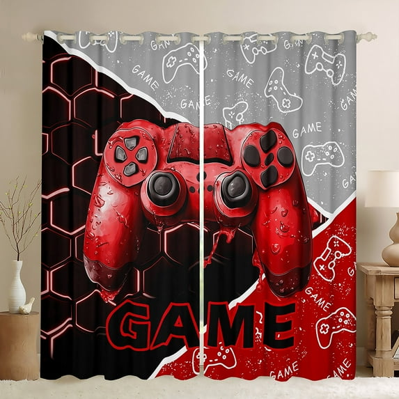Feelyou Cartoon Game Console Curtains Pack of 2 (42x84 Each) for Kids, Gamepad Gaming Curtains Blackout, Chic Check Honeycomb Red Bedroom Curtains, Blackout Curtains Room Decor