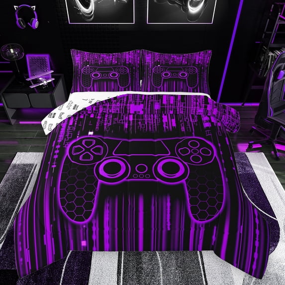 Feelyou Cartoon Game Console Full Size Comforter Sets for Boys, Purple Stripes Lines Bedding Comforter Set, Modern Game Controller Reversible Bedding Sets, Ultra Soft Bedroom Decor, 3 Pieces