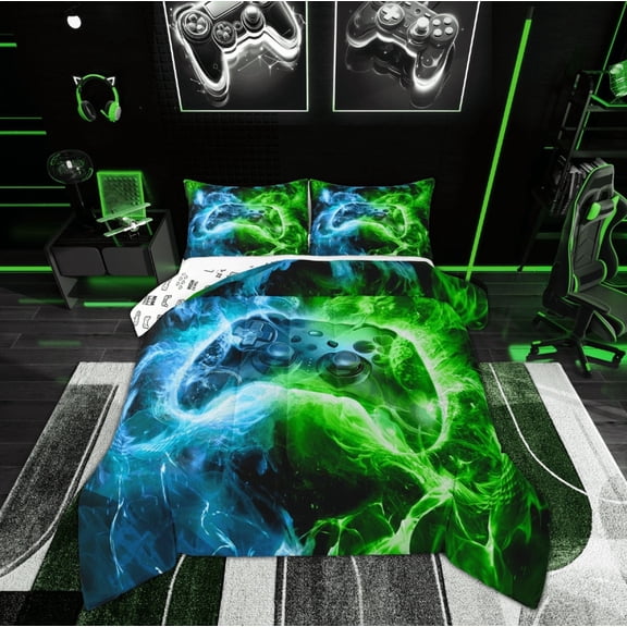 Feelyou Cartoon Game Console Queen Comforter Set, Green Blue Bedding Sets, Video Game Lover Reversible Bedding Comforter Set, Lightweight Room Decor,3 Pieces