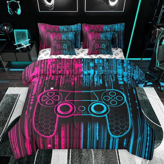 Feelyou Cartoon Game Console Twin Bedding Sets 7-Piece for Boys, Pink Blue Stripes Bedding Comforter Set, Modern Game Controller Reversible Sheet Sets, Lightweight Room Decor