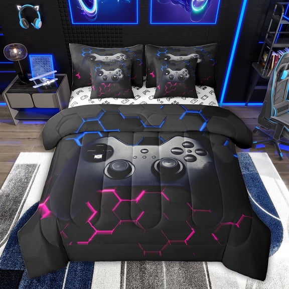 Feelyou Cartoon Game Console Twin Bedding Sets 7-Piece for Kid, Glowing Honeycomb Bedding Comforter Set, Pink Blue Abstract Reversible Sheet Sets, Microfiber Bedroom Decor