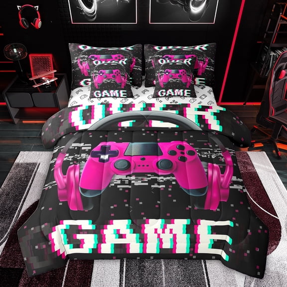 Feelyou Cartoon Game Console Twin Bedding Sets 7-Piece, Pink Headphones Bedding Comforter Set, Chic Square Abstract Reversible Sheet Sets, Lightweight Room Decor