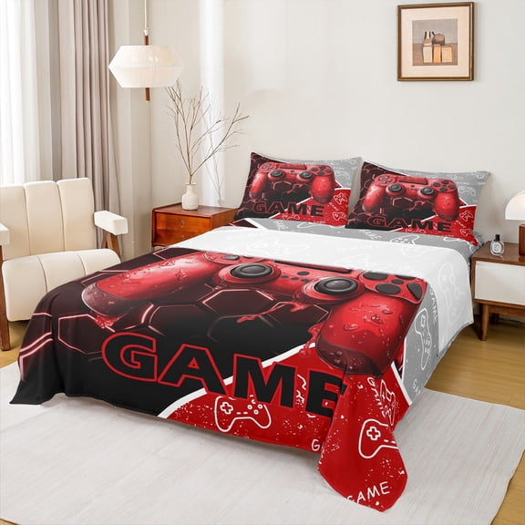 Feelyou Cartoon Game Console Twin Sheet Sets for Kids, Gamepad Gaming Twin Fitted Sheet, Chic Check Honeycomb Red Flat Sheet, Super Cozy Room Decor, 3-Piece