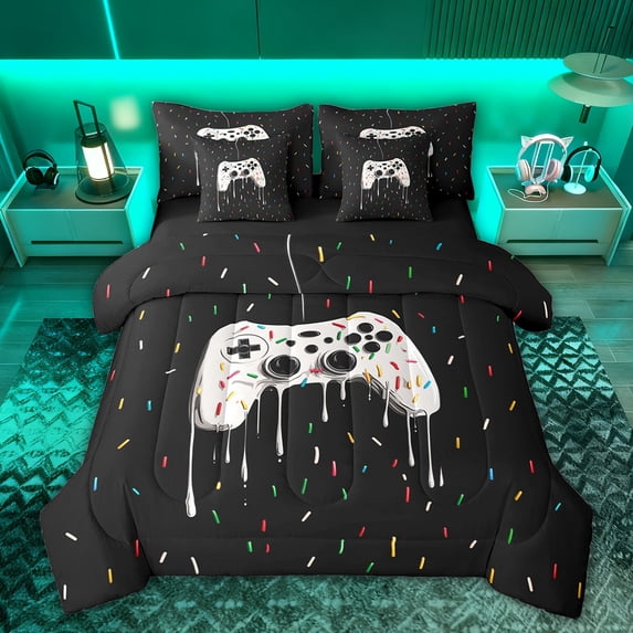 Feelyou Cartoon Gamepad Boy Bedding Comforter Set 7pcs, Video Gaming Queen Bedding Sets
