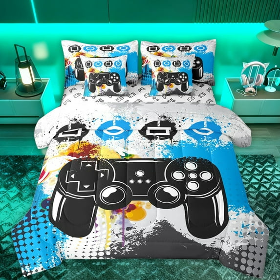 Feelyou Cartoon Gamepad Boys Twin Bedding Sets 7-Piece, Blue Watercolor Graffiti Bedding Comforter Set, Video Game Player Reversible Sheet Sets, Breathable Home Decor