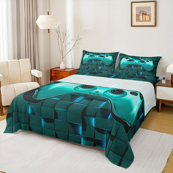 Feelyou Cartoon Gamepad Child Bed Sheets, Turquoise Stereoscopic Square King Sheets, Video Game Controller Sheet Set, Super Cozy Room Decor, 4pcs