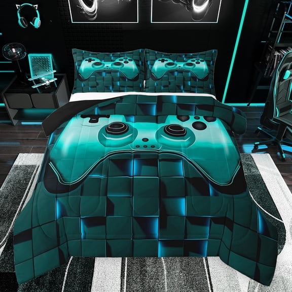 Feelyou Cartoon Gamepad Child Bedding Comforter Set, Turquoise Stereoscopic Square Twin Comforter Sets, Video Game Controller Reversible Bedding Set, Super Cozy Room Decor, 2pcs