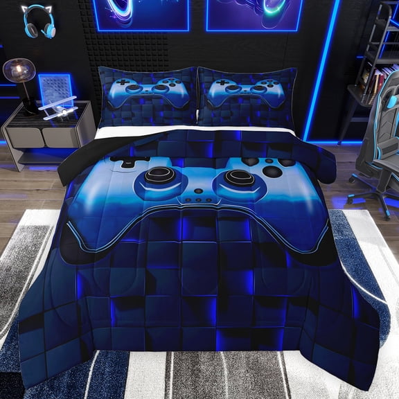 Feelyou Cartoon Gamepad Child Queen Comforter Set, Blue Stereoscopic Square Bedding Sets, Video Game Controller Reversible Bedding Comforter Set, Microfiber Bedroom Decor, 3pcs