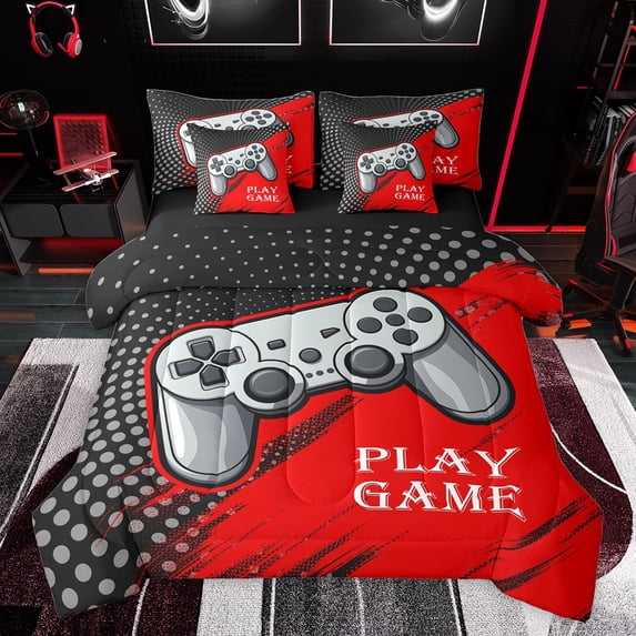Feelyou Cartoon Gamepad Player Twin Bedding Sets 7-Piece for Kid, Chic Cycle Abstract Bedding Comforter Set, Play Game Theme Reversible Sheet Sets, Breathable Home Decor
