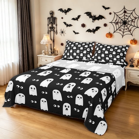 Feelyou Cartoon Ghost Bed Sheets, Spooky Halloween Full Size Sheets, Black White, 4pcs, 1 Flat Sheet, 1 Fitted Sheet and 2 Pillowcases