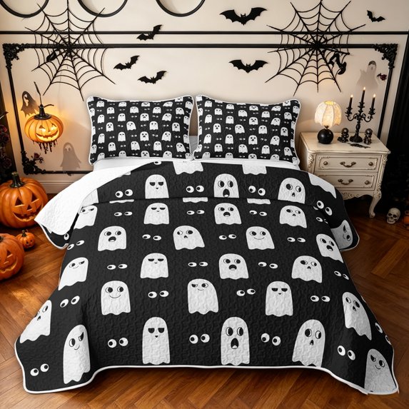 Feelyou Cartoon Ghost Bed Spread Queen, Spooky Halloween Queen Coverlet Set, Black White, 3pcs, 1 Comforter and 2 Pillowcases