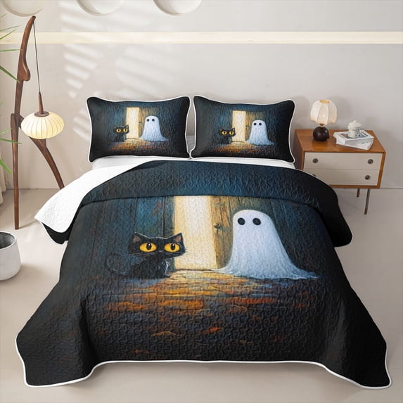 Feelyou Cartoon Ghost Black Cat Twin Quilt Set, Spooky Cabin Animal Twin Coverlet Set, Dark Teal Amber, 2-Piece, 1 Comforter and 1 Pillowcase