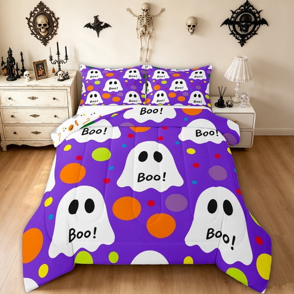 Feelyou Cartoon Ghost Boo Queen Comforter Set, Cute Polka Dot Comforter Sets Queen, Orchid White, Halloween Reversible, 3 Pieces, 1 Comforter and 2 Pillowcases