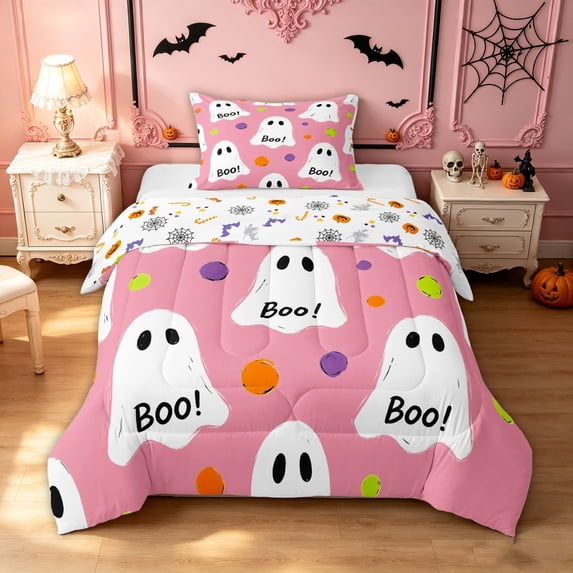 Feelyou Cartoon Ghost Boo Twin Comforter Sets, Cute Polka Dot Bedding Set, Pink White, Halloween Reversible, 2 Pieces, 1 Comforter and 2 Pillowcases