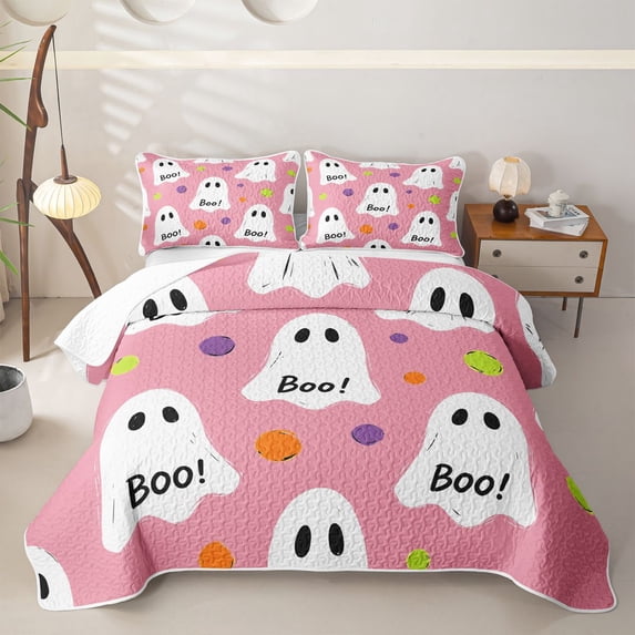 Feelyou Cartoon Ghost Boo Twin Quilt Set, Cute Polka Dot Twin Coverlet Set, Pink White, 2 Pieces, 1 Comforter and 1 Pillowcase