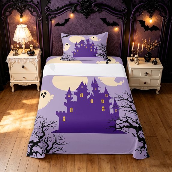 Feelyou Cartoon Ghost Castle Twin Sheets, Spooky Skull Bat Bedding, Light Purple, 3-Piece, 1 Flat Sheet, 1 Fitted Sheet and 1 Pillowcase