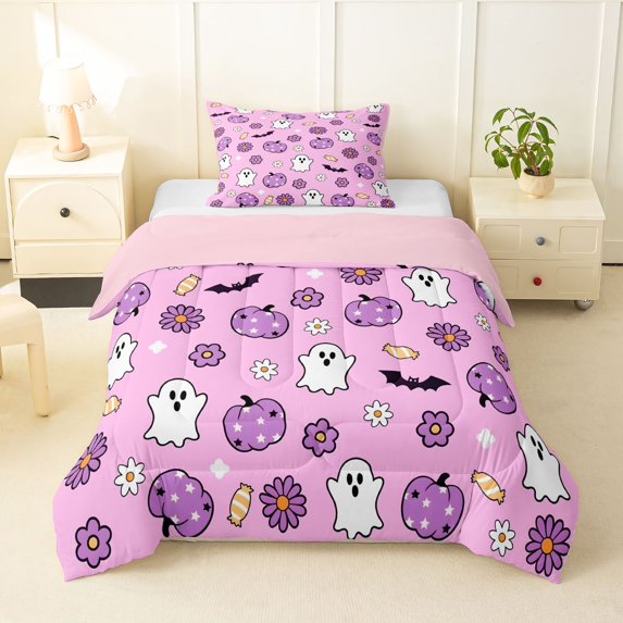 Feelyou Cartoon Ghost Flower Twin Comforter Sets, Cute Pink Pumpkin Bedding Set, Pink Reversible, 2pcs, 1 Comforter and 1 Pillowcase