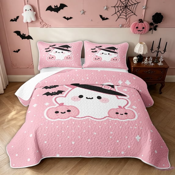 Feelyou Cartoon Ghost Pumpkin Twin Quilt Set, Kawaii Halloween Bat Twin Coverlet Set, 2 Pieces, 1 Comforter and 1 Pillowcase