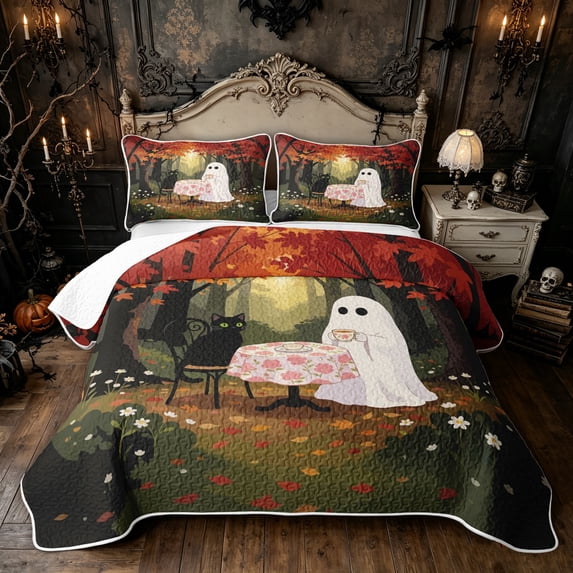 Feelyou Cartoon Ghost Quilt King, Cute Black Cat Autumn Floral King Coverlet Set, Red Brown, 3pcs, 1 Comforter and 2 Pillowcases