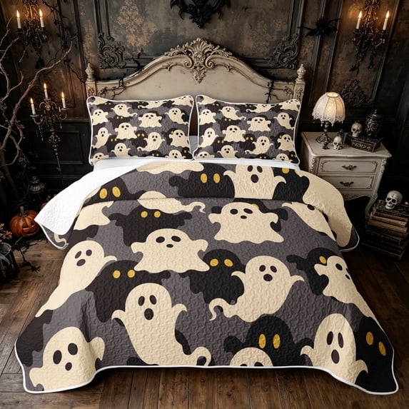 Feelyou Cartoon Ghost Silhouette Bed Spread Queen, Spooky Spirit Pattern Queen Coverlet Set, Gray, 3pcs, 1 Comforter and 2 Pillowcases