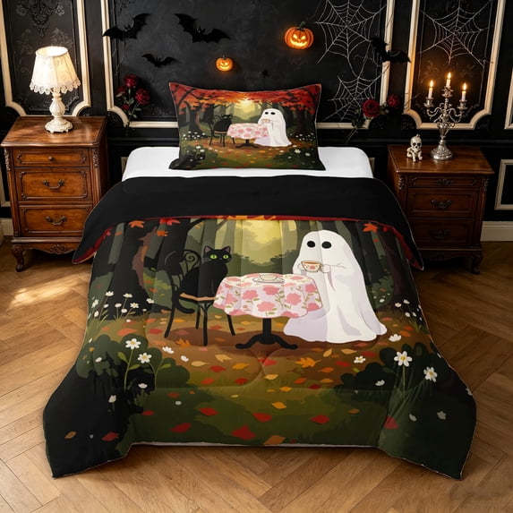 Feelyou Cartoon Ghost Twin Comforter Sets, Cute Black Cat Autumn Floral Bedding Set, Red Brown, Black Reversible, 2pcs, 1 Comforter and 1 Pillowcase