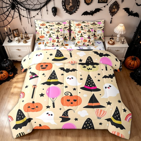 Feelyou Cartoon Ghost Witch Hat Twin Bedding, Cute Pumpkin Bat Bedding Comforter Set, Beige, Halloween Reversible, 7 Pieces