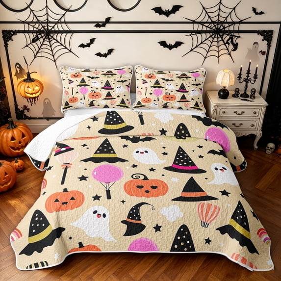 Feelyou Cartoon Ghost Witch Hat Twin Quilt Set, Cute Pumpkin Bat Twin Coverlet Set, Beige, 2 Pieces, 1 Comforter and 1 Pillowcase