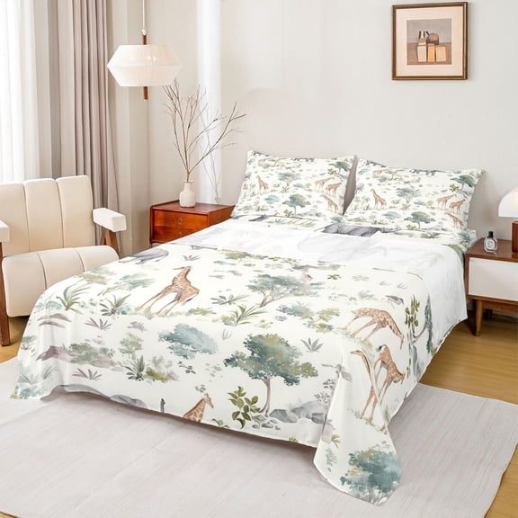 Feelyou Cartoon Giraffe Elephant Bed Sheets, Kawaii Jungle Wildlife King Sheets, Tree Leaf Botanical Sheet Set, Super Cozy Room Decor, 4 Pieces