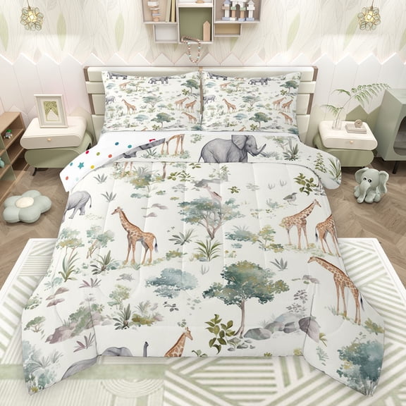 Feelyou Cartoon Giraffe Elephant Bedding Comforter Set, Kawaii Jungle Wildlife Twin Comforter Sets, Tree Leaf Botanical Reversible Bedding Set, Super Cozy Room Decor, 2 Pieces