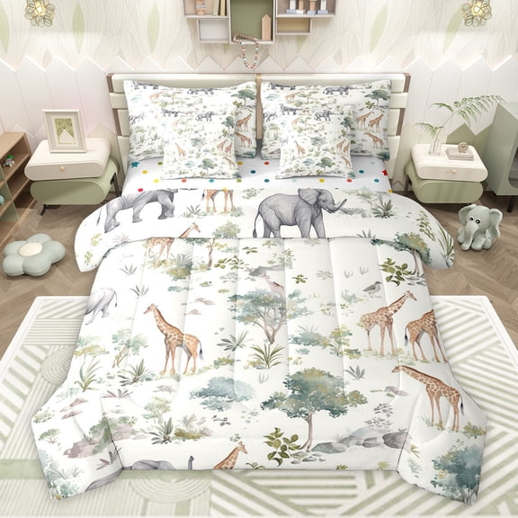 Feelyou Cartoon Giraffe Elephant Twin Bedding Sets 7-Piece, Kawaii Jungle Wildlife Bedding Comforter Set, Tree Leaf Botanical Reversible Sheet Sets, Super Cozy Room Decor