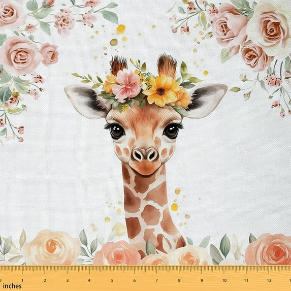 Feelyou Cartoon Giraffe Fabric by the Yard 1 Yard for Kids, Kawaii Animal Sewing Fabric, Pink Rose Floral Home Decor Fabric by the Yard, Breathable Home Decor