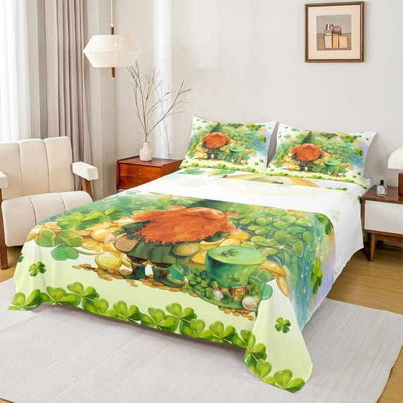Feelyou Cartoon Gnome Kids Twin Sheet Sets, Lucky Spring Shamrock Bedding, 3-Piece