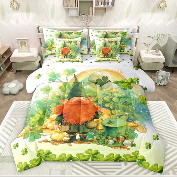 Feelyou Cartoon Gnome Twin Bedding Sets 7pcs, Lucky Spring Shamrock Bedding Comforter Set