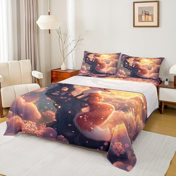 Feelyou Cartoon Gold Fox Twin Sheet Sets for Kid, Tokyo Cherry Blossoms Twin Fitted Sheet, Japanese Style Flat Sheet, Microfiber Bedroom Decor, 3pcs