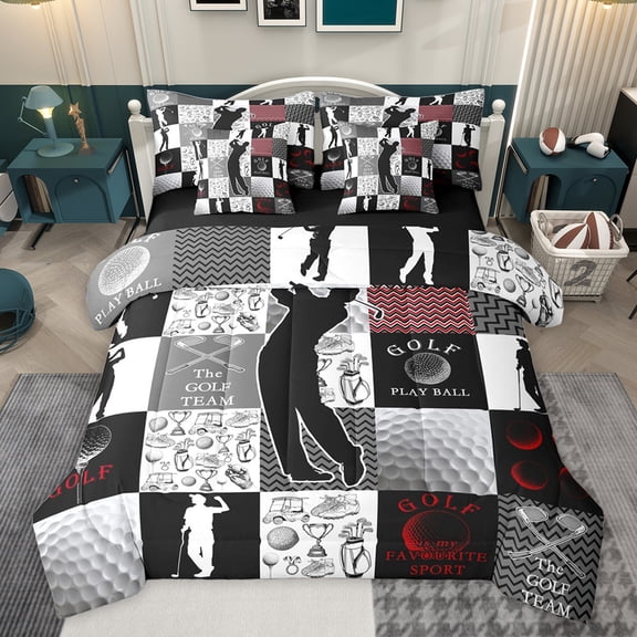 Feelyou Cartoon Golf Print Bedding Comforter Set 7pcs, Eat Sports Sleep King Bedding Sets, Teens Kids Boys Girls Reversible Bed Sheets, Microfiber Bedroom Decor