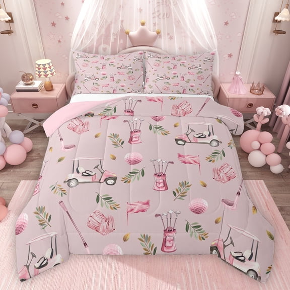 Feelyou Cartoon Golf Print Bedding Comforter Set for Kids, Pink Sports Gloves Car Twin Comforter Sets, Leaf Botanical Reversible Bedding Set, Microfiber Bedroom Decor, 2pcs