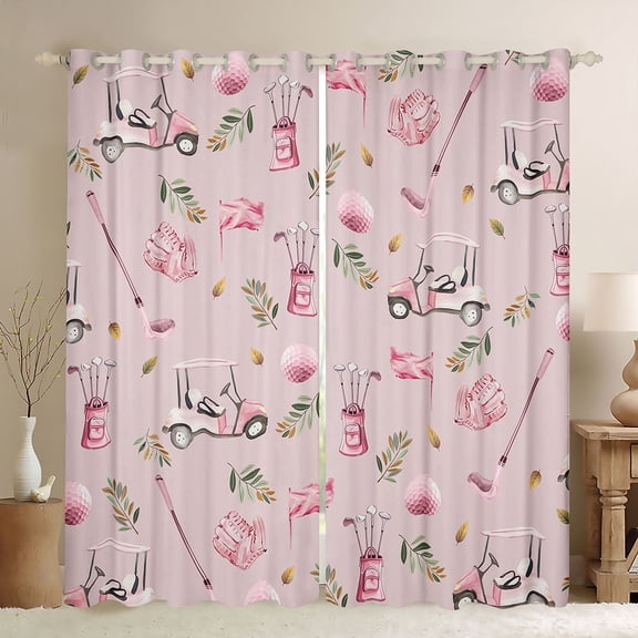 Feelyou Cartoon Golf Print Black Out Curtains for Kids, Pink Sports Gloves Car Curtains Pack of 2 (42x63 Each), Leaf Botanical Bedroom Curtains, Window Curtains Bedroom Decor