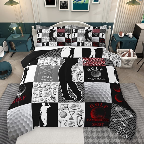 Feelyou Cartoon Golf Print Queen Comforter Set, Eat Sports Sleep Bedding Sets, Teens Kids Boys Girls Reversible Bedding Comforter Set, Microfiber Bedroom Decor, 3-Piece