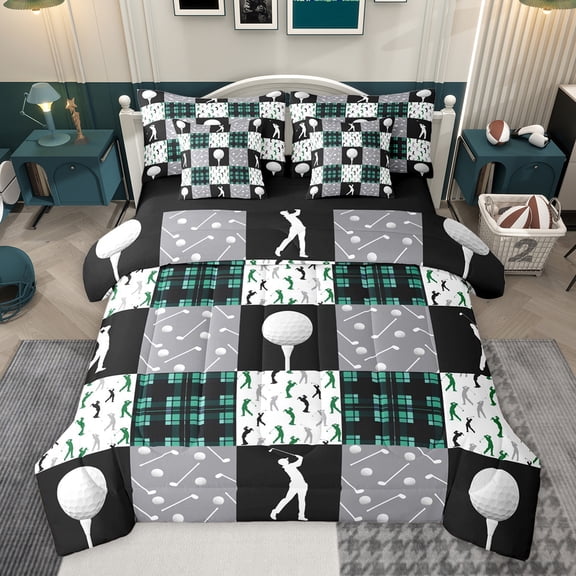 Feelyou Cartoon Golf Teens Bedding Comforter Set 7pcs, Eat Sport Sleep King Bedding Sets, Ball Gaming Gamer Reversible Bed Sheets, Microfiber Bedroom Decor
