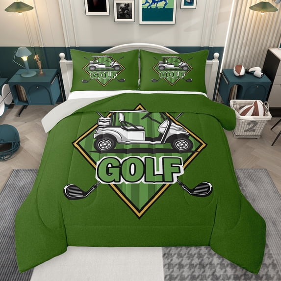 Feelyou Cartoon Golf Truck Queen Comforter Set, Modern Sports Lover Bedding Sets, Teens Kids Boys Girls Reversible Bedding Comforter Set, Luxury Bedroom Decor, 3-Piece