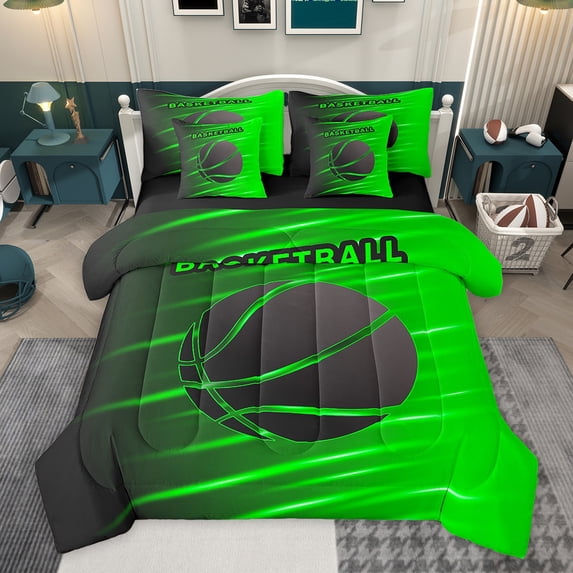 Feelyou Cartoon Green Basketball Bedding Comforter Set 7pcs, Neon Abstract Ombre Queen Bedding Sets, Teens Kids Boys Girls Reversible Queen Sheet Sets, Luxury Bedroom Decor