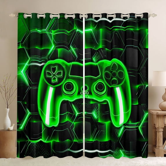 Feelyou Cartoon Green Gamepad Curtains Pack of 2 (42x84 Each) for Kids, Neon Square Honeycomb Curtains Blackout, Modern Video Gamer Bedroom Curtains, Blackout Curtains Room Decor